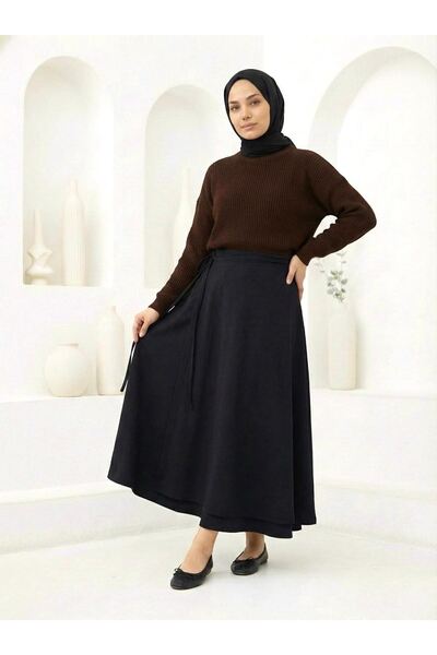 Foremia Belt Detail Pleated Scuba Skirt-Black