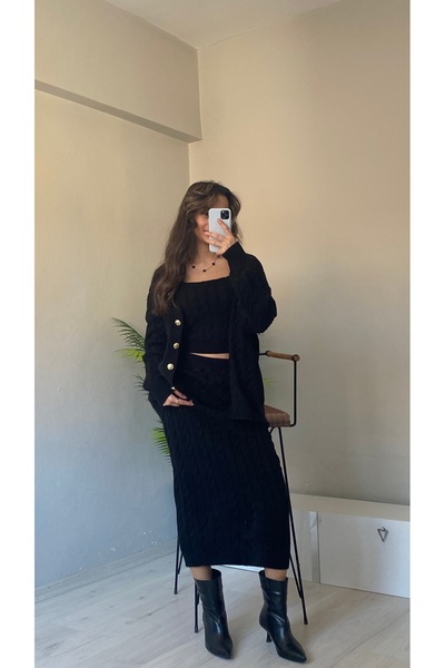 Butik Kadın saç örgü detaylı etek hırka crop üçlü triko takım -Siyah