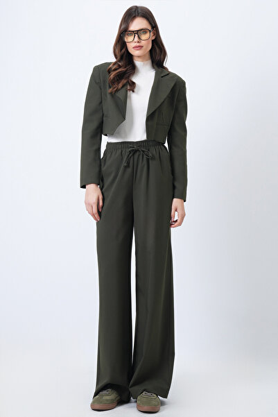 Trend Alaçatı Stili Women's Khaki Fleto Pocketed Crop Jacket and Elastic Waist Palazzo Pants Set Vs01689