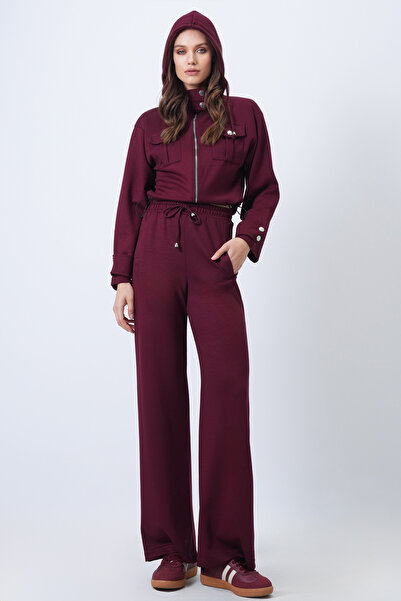 Trend Alaçatı Stili Women's Burgundy Hooded Double Pocket Jacket and Elastic Waist Trousers Set Vs01710