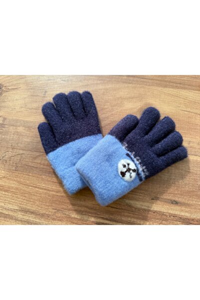 Blotch Double Layered Acrylic Fiber Children's Navy Blue Wool Gloves with Tow...