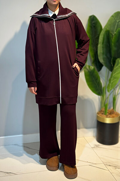 Lale Butik Sequin Detail Front Zipper Tunic Trousers Set 2120 Claret Red