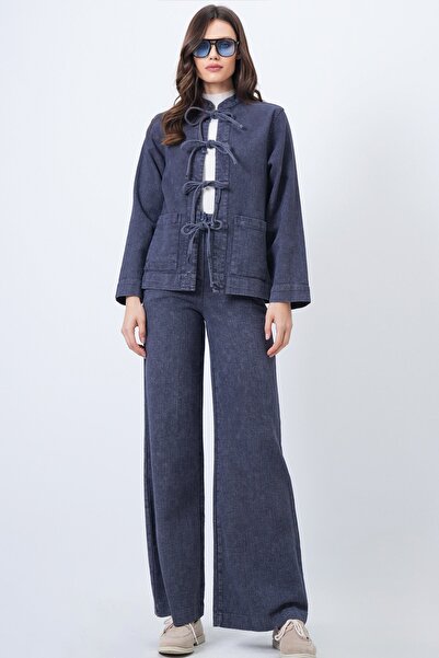 Trend Alaçatı Stili Women's Dark Blue Textured Lacing Detail Jacket and Wide Leg Pants Set Vs01688