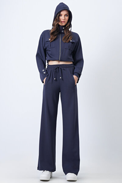 Trend Alaçatı Stili Women's Navy Blue Hooded Double Pocket Jacket and Elastic Waist Trousers Set Vs01710