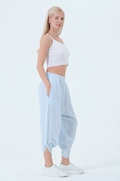 RELAXL Large Size 100% Cotton Muslin Yoga Pants Baby Blue