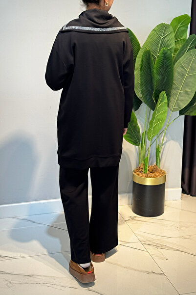 Lale Butik Sequin Detail Front Zipper Tunic Trousers Set 2120 Black