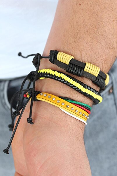 Skygo Yellow studded leather men's bracelet set - tj-eb1342