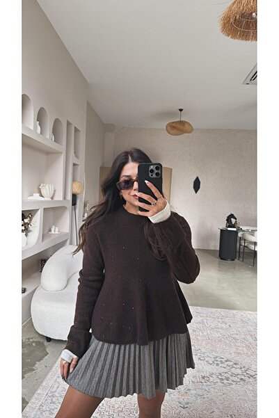 Buket Teke Brown Sequined Flounce Soft Sweater