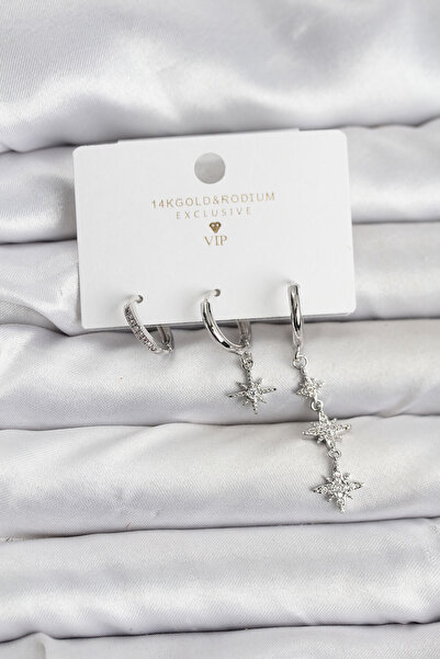 Clariss Polar Star Model Silver Color Brass 3-Piece Women's Earring Set - Kp-0611