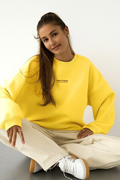 The Champ Clothing Γυναικείο φούτερ oversized CHMP STUDIOS Κίτρινο – Φλις με λαιμόκοψη, 3 κλωστές με σαρντούν