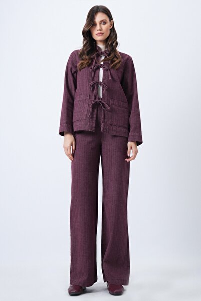 Trend Alaçatı Stili Women's Bordo Textured Lace-Up Detail Jacket and Wide Leg Pants Set Vs01688