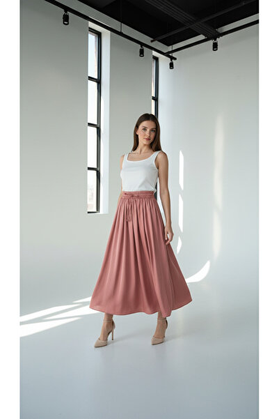 Eight Fashion Γυναικεία μακριά φούστα σε σατέν χρώμα Dusty Rose με ελαστική μέση και κορδόνι περίσφιξης