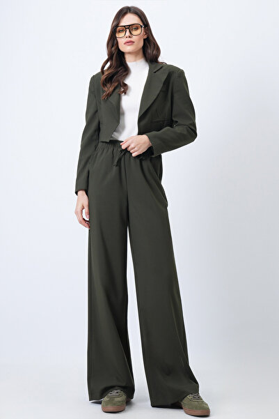 Trend Alaçatı Stili Women's Khaki Fleto Pocketed Crop Jacket and Elastic Waist Palazzo Pants Set Vs01689
