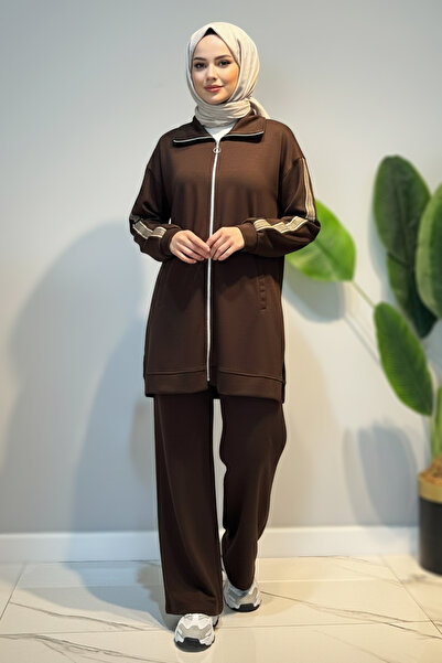 Lale Butik Striped Belt Detail Tunic Trousers Set 2119 Brown