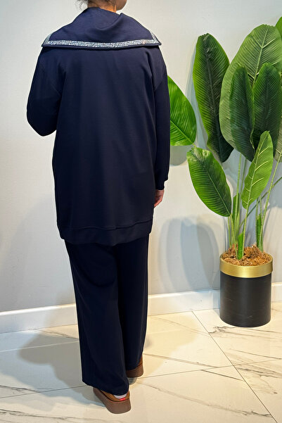 Lale Butik Sequin Detail Front Zipper Tunic Trousers Set 2120 Navy Blue