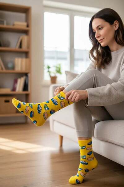CANMODA Yellow Sushi Patterned Colorful Socks (Suitable for Size 36-44)