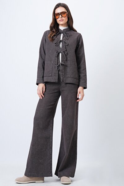 Trend Alaçatı Stili Women's brown washed tie-detail jacket and wide-leg pant set vs01688