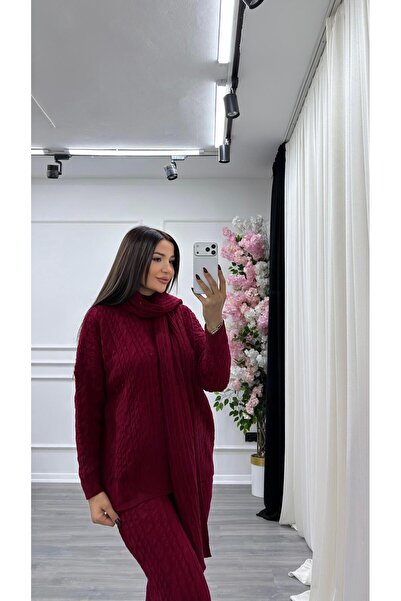 Daves Scarf Hair Braid 3-Piece Knitwear Set - Burgundy