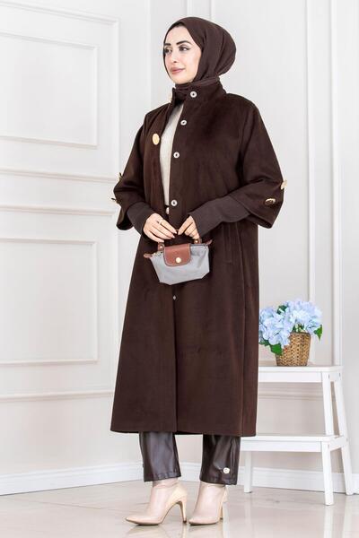 Sevitli Hakim Collar Brooch Button Detailed Coat-Aci Brown