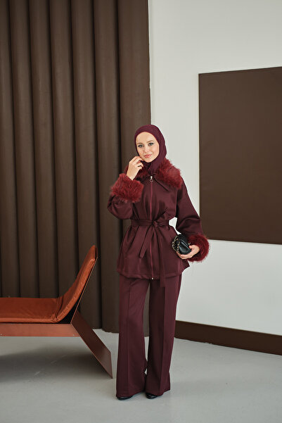 LOCCO Women's Suit with Fur Detail on Sleeves and Collar, Burgundy