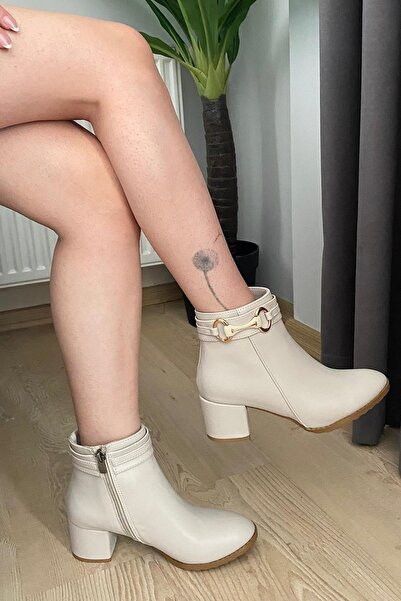 KOCAMANLAR Feles Side Buckle Classic Heeled Women's Boots Beige