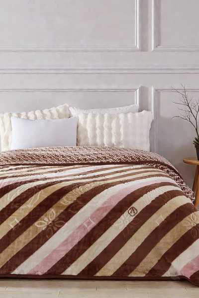 Evlen Home Collection Lora 3 kg Embos Printed Blanket Double Size Thick Soft 220X240 cm Coffee Beige