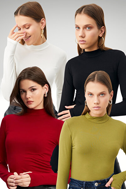 Bipantolon Women's 4-Piece Set Black White Burgundy Oil Green Finger Detail Bodysuit