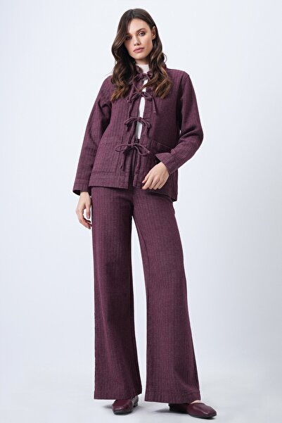 Trend Alaçatı Stili Women's Bordo Textured Lace-Up Detail Jacket and Wide Leg Pants Set Vs01688
