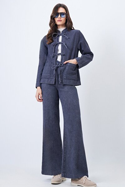 Trend Alaçatı Stili Women's Dark Blue Textured Lacing Detail Jacket and Wide Leg Pants Set Vs01688