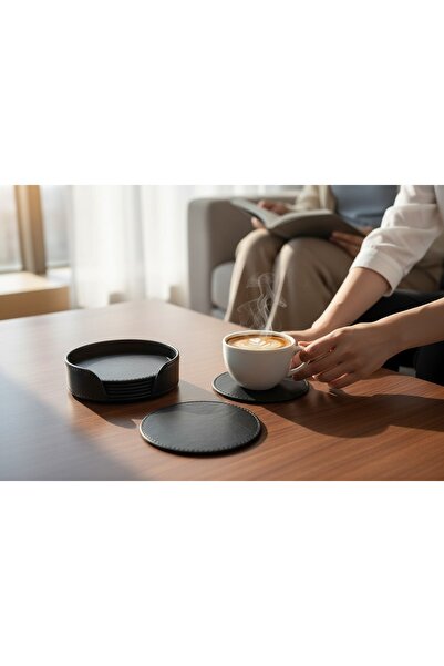 Rubicon Coaster with Stitched Faux Leather Black 6 Pieces (with Holder Stand)