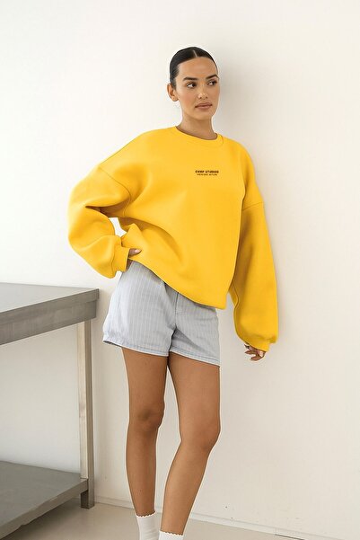 The Champ Clothing Γυναικείο φούτερ oversized CHMP STUDIOS Κίτρινο – Φλις με λαιμόκοψη, 3 κλωστές με σαρντούν
