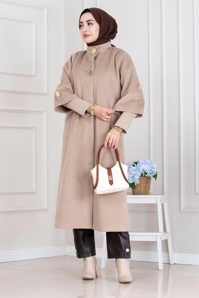 Sevitli Hakim Collar Brooch Button Detailed Coat-Mink