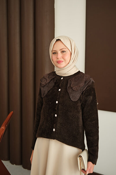 LOCCO Women's Lace Collar Tassel Cardigan Brown