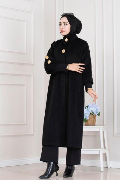 Sevitli Hakim Collar Brooch Button Detailed Coat-Black