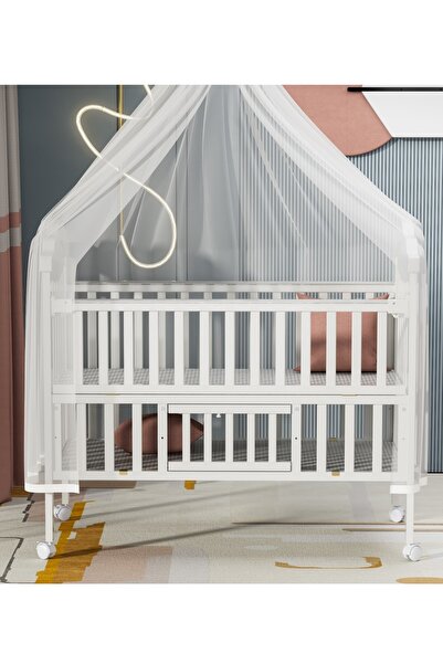 BabyCara Wooden Baby Bed with Elegant Design With 3 Heights and Side Door, Mosquito Net 120x60