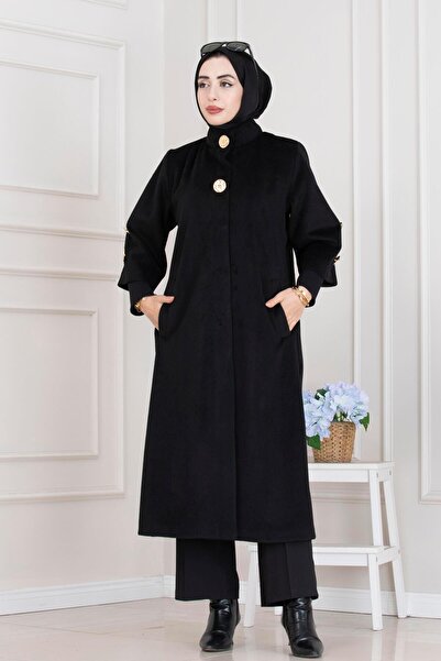 Sevitli Hakim Collar Brooch Button Detailed Coat-Black