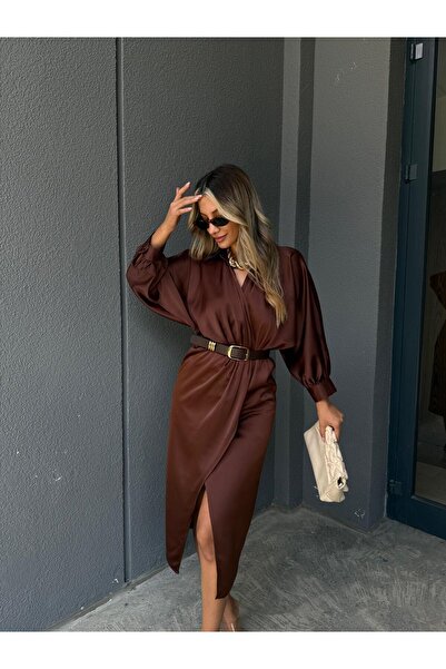 WOMKA Women's Double-Breasted Cut Slit Belted Satin Dress