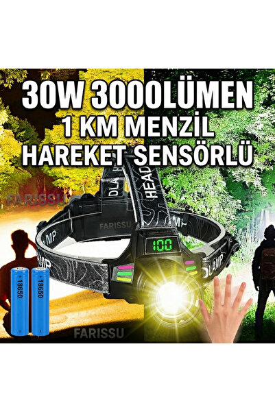 farissu Ultra Güçlü 30W LED Sensörlü Kafa Lambası - 3000 Lümen, Dijital Şarj Göstergeli, Type-C Şarjlı