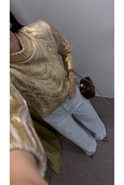 HAZELANNA Knitted Patterned Gold Sweater