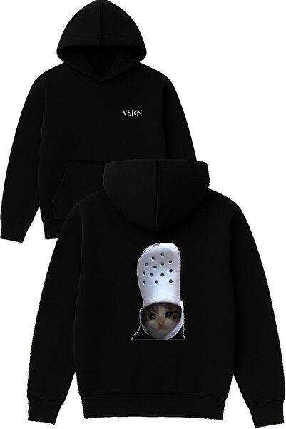 VSRN Hanorac negru supradimensionat cu glugă, cu imprimeu design Pisică Trist...
