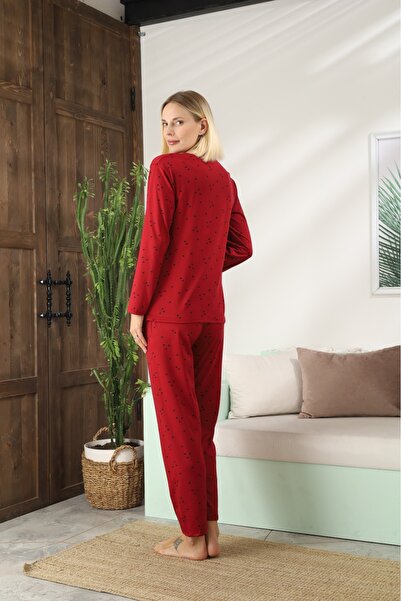 LİLA İÇ GİYİM Women's Long Sleeve Patterned Inside Fleece-Lined Sendy Pajama Set