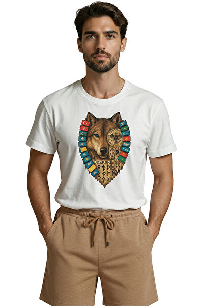 Color Luxe Türk Devletleri Bayraklı ve Göktürkçe Yazılı Bozkurt Tasarım Premium Erkek Tişört