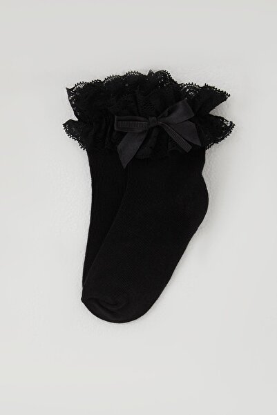 Katamino Girl's Socks with Lace Detail on the Ankle, Ages 3-8, Black