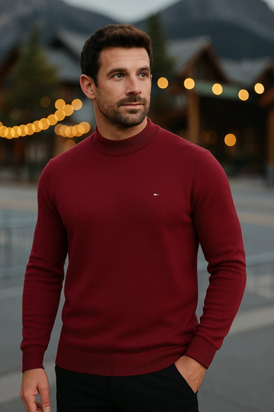 comstar Men's Basic Winter Half-High Collar Long Burgundy Sweater
