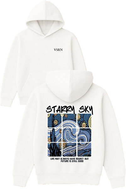 VSRN ستاري سكاي ديزاين مطبوع قصة فضفاضة سويت شيرت أبيض بغطاء رأس