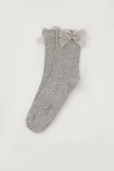 Katamino Girl's Mesh Socks with Bow Accessory and Rhinestones on the Ankle, Ages 9-12, Gray Melange