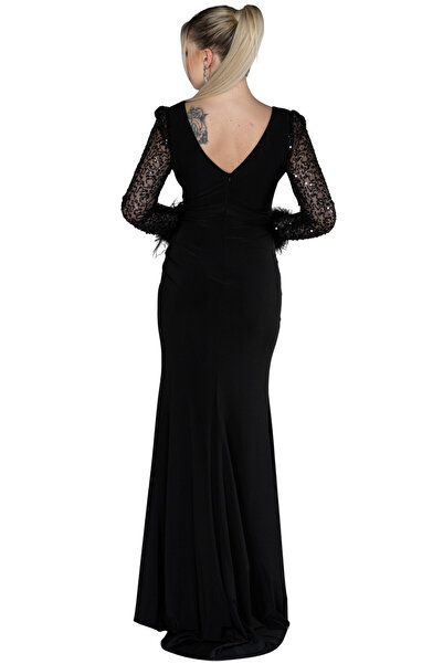 Arden Long Evening Dress, Double-Breasted V-Neck, Sequined Long Sleeve, Draped , Slit Fishtail Evening Dress, 38-44
