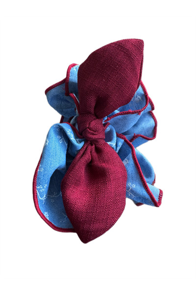 Pelin Aksesuar Blue Patterned and Burgundy Bow Rubber Buckle