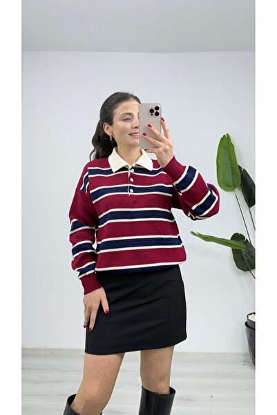 TUNAM BUTİK 3010 Striped Polo Neck Knitwear Sweater Burgundy