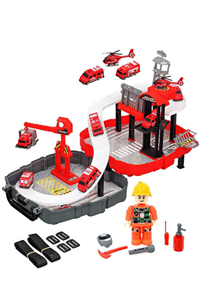 Oruç Oyuncak Garage Playset Portable Garage Track with Backpack Fire Department Set with Human Figures